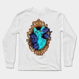 Neon Blue Sphynx Cat Surrounded by Roses and Baroque Frame - Royal Blue Pet Portrait - Hairless Kitty Long Sleeve T-Shirt